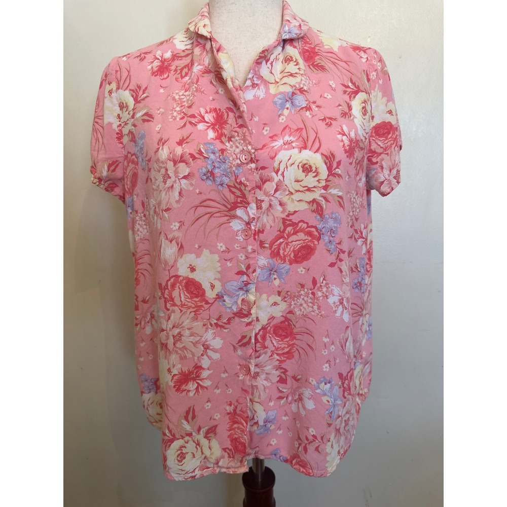 Miss Elaine Pink Floral Button Down Short Sleeve Shirt Women Medium Cottagecore